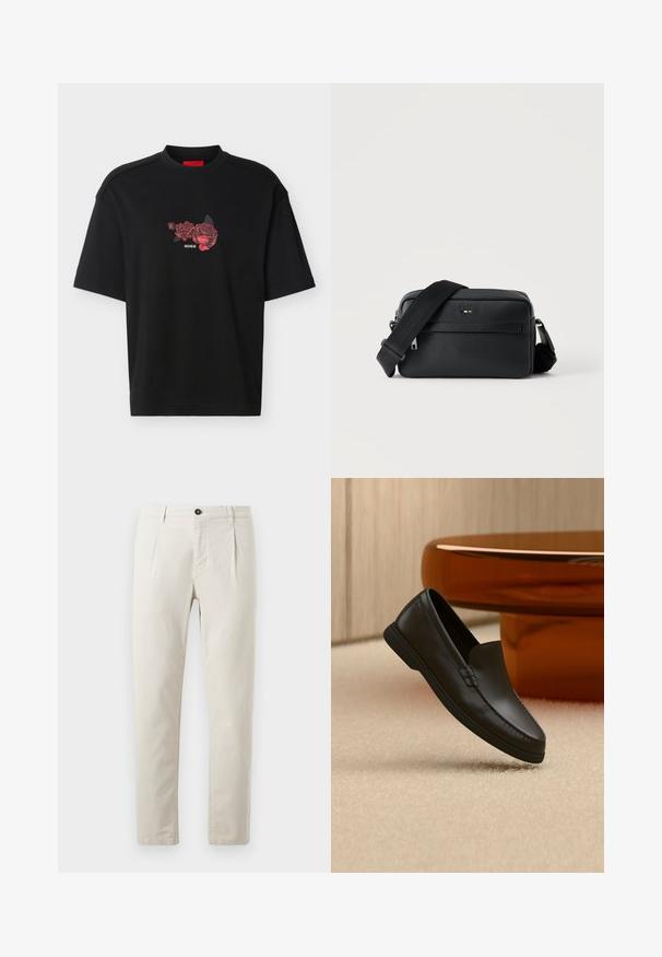 T-shirt noir à manches courtes avec un petit motif de rose rouge et le texte "HUGO" imprimé au centre de la poitrine.; Pantalons en coton beige avec une coupe droite, dotés d'une fermeture à un bouton noir et de deux poches avant. Texture lisse.; Mocassin noir en cuir sans lacets exposé sur un tapis beige à côté d'une table en verre ambré de forme incurvée dans une pièce aux tons neutres.; Sac bandoulière en cuir noir texturé avec poche avant zippée et bandoulière large en tissu réglable sur fond blanc.