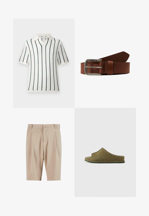 Polo en maille blanche à manches courtes avec des rayures verticales vert foncé et un col doux, présenté sur un fond uni clair.; Shorts beige ajustés avec plis, dotés d'une fermeture à bouton et d'un design classique. Texture lisse, coupe longueur genou, sans poches visibles.; Sandale mule vert olive en daim doux, avec un design à bout ouvert, une large bride et une semelle en caoutchouc texturée. Logo UGG sur le côté.; Ceinture en cuir marron avec une boucle rectangulaire en métal argenté, arborant un logo et des accents cousus, s'effilant vers l'extrémité.
