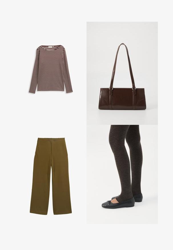 Langærmet, brun og creme-striped skjorte lavet af blødt stof. Har en rund halsudskæring og et tætsiddende design.; Bredde benbukser i olivengrønt stof, med en glat tekstur og ingen synlige lukninger. Designet til en afslappet pasform med rene linjer.; Ben iført mørke ribbede leggings kombineret med sorte balletsko med små sløjfedetaljer på hvid baggrund.; Brun lakeret håndtaske med rektangulær form, to lange håndtag og subtile buede detaljer på fronten.