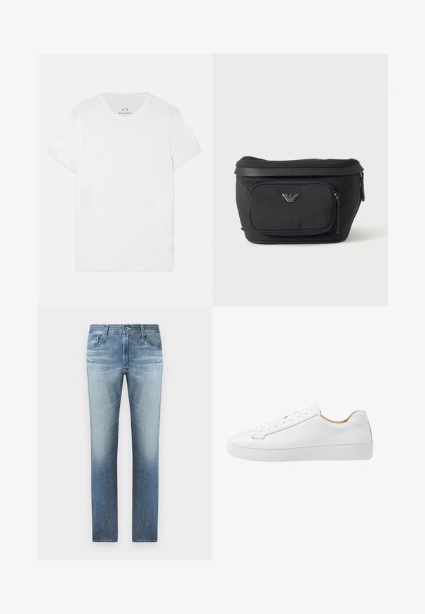 Camiseta blanca de algodón con cuello redondo clásico y mangas cortas. Presenta una etiqueta de marca sutil en el interior del cuello, sin patrones adicionales.; Vaqueros de mezclilla azul claro con un diseño de pierna recta, que cuentan con un lavado desgastado, cinco bolsillos y un cierre de cremallera con botón de metal.; Zapatilla de cuero blanca con un acabado suave, punta redonda, diseño de cordones planos y suela de goma gruesa con un patrón de agarre texturizado.; Riñonera negra con bolsillo frontal con cremallera y logo de águila plateado, tela lisa con ribete texturizado y tiradores de cremallera.