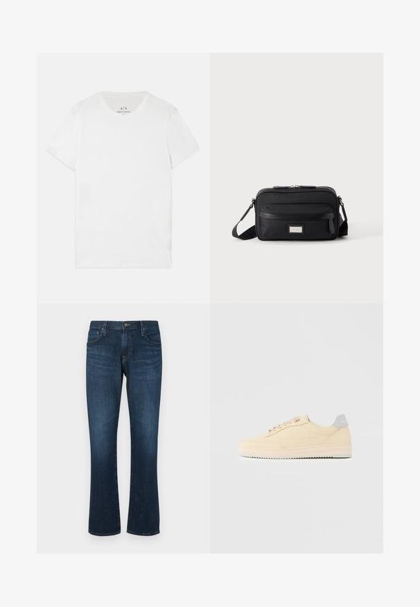 Weißes Baumwoll-T-Shirt mit klassischem Rundhalsausschnitt und kurzen Ärmeln. Besitzt ein dezentes Markenetikett im Kragen, keine weiteren Muster.; Dunkelblaue Jeans aus Denim mit geradem Bein, fünf Taschen und einem Metallknopfverschluss. Glatte Textur mit dezenten Gebrauchsspuren.; Beiger Sneaker in niedrigem Design mit Schnürverschluss vorne, hellrosa Sohle und grauem Fersenlasche mit der Marke "Filling Pieces", seitlich auf neutralem Hintergrund gezeigt.; Schwarze rechteckige Umhängetasche mit vorderer Reißverschlusstasche, verstellbarem Riemen und silberner rechteckiger Logo-Plakette auf einfarbigem Hintergrund.