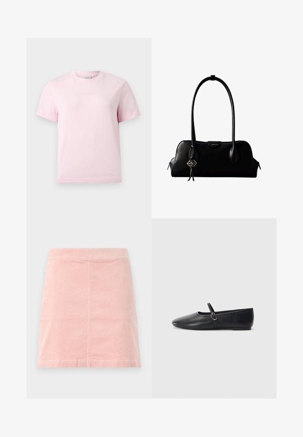 Hellrosa Kurzarm-T-Shirt mit Rundhalsausschnitt und dezentem, erhabenem "Calvin Klein"-Logo in der Mitte der Brust.; Rosa Cord-Ripp-Minirock mit taillierter Passform und vertikaler Rippstruktur. Der Saum ist gerade und er hat ein schlichtes Design ohne Verzierungen.; Schwarze Leder-Ballettschuhe mit spitzem Schuhzeug, flacher Sohle und einem kleinen Riemen mit silberner Schnalle.; Schwarze Lederhandtasche von Calvin Klein mit langen Henkeln, einem vorderen Logo-Tag und einem silbernen geometrischen Anhänger, der an einem Henkel hängt.