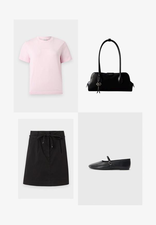 T-shirt rose clair à manches courtes et col rond avec un logo "Calvin Klein" en relief subtil centré sur la poitrine.; Jupe noire longueur genou avec une taille nouée et de subtils plis sur le devant, confectionnée dans un tissu lisse.; Ballerines noires en cuir avec un bout pointu, une semelle plate et une petite sangle avec un détail de boucle en argent.; Sac à main en cuir noir Calvin Klein avec de longues anses, une étiquette logo à l'avant et un charme géométrique argenté suspendu à une anse.