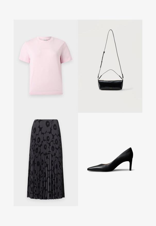 Lyserød T-shirt med korte ærmer og rund hals med et diskret præget "Calvin Klein"-logo i midten af brystet.; Sort plisseret nederdel med blomstermønster, lavet af letvægtsstof; har lodrette striber og en elastisk talje.; Sort damesko i læder med spids snude og mellemhøj hæl, vist fra siden på en hvid baggrund.; Sort rektangulær læder crossbody-taske med justerbar skulderrem, top lynlås og lille gyldent Calvin Klein-logo foran.