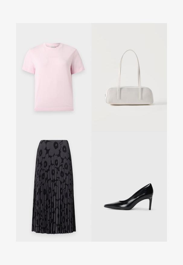 Camiseta de manga corta y cuello redondo en rosa claro, con un sutil logo en relieve de "Calvin Klein" centrado en el pecho.; Falda negra plisada con un patrón floral, hecha de tela ligera; presenta rayas verticales y una cinturilla elástica.; Zapato de tacón alto de cuero negro con punta afilada, textura suave y tacón en forma de cono. Diseño minimalista, sin adornos adicionales.; Bolso de hombro rectangular blanco con correas largas y delgadas, costuras mínimas y cierre de cremallera sobre un fondo liso.