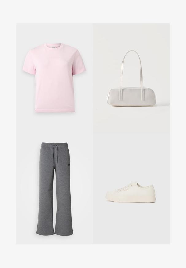 Camiseta de manga corta y cuello redondo en rosa claro, con un sutil logo en relieve de "Calvin Klein" centrado en el pecho.; Pantalones de chándal grises hechos de una tela suave, con una cinturilla con cordón, piernas anchas y un discreto detalle de logo en el lateral.; Zapatillas de lona color marfil, con un diseño de corte bajo, punta redonda y suela de goma plana con un sutil detalle de costura.; Bolso de hombro rectangular blanco con correas largas y delgadas, costuras mínimas y cierre de cremallera sobre un fondo liso.