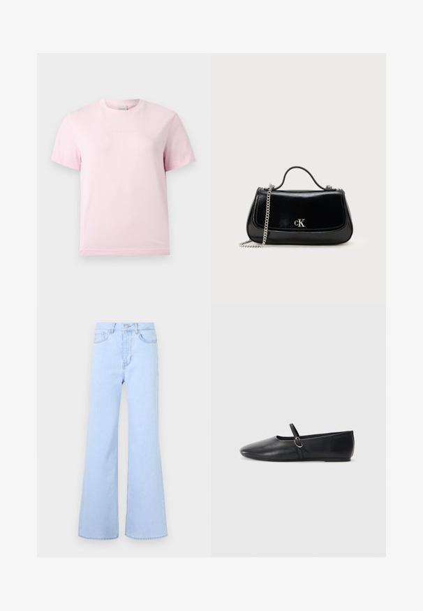 Hellrosa Kurzarm-T-Shirt mit Rundhalsausschnitt und dezentem, erhabenem "Calvin Klein"-Logo in der Mitte der Brust.; Helle blaue Schlagjeans mit hoher Taille, die über fünf Taschen, einen Knopfverschluss und eine glatte Denim-Oberfläche verfügen. Der Saum ist sauber genäht.; Schwarze Leder-Ballettschuhe mit spitzem Schuhzeug, flacher Sohle und einem kleinen Riemen mit silberner Schnalle.; Schwarze Lederhandtasche mit einer Kettenriemen, strukturierter Form und einem silbernen Logo-Akzent. Glatte Textur mit einem Klappenverschluss.