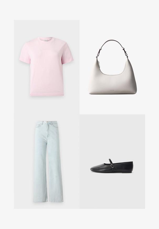 Lichtroze T-shirt met korte mouwen en ronde hals, voorzien van een subtiel reliëf "Calvin Klein"-logo in het midden van de borst.; Lichtblauwe wijde jeans met een hoge taille, gemaakt van denim stof. Heeft een knoop- en ritssluiting met voorzakken.; Zwarte leren balletschoenen met een spitse neus, platte zool en een kleine strap met een zilveren gespsluiting.; Romige Calvin Klein leren schoudertas met gebogen bovenrand, zilveren rits en donkerbruine verstelbare riem.