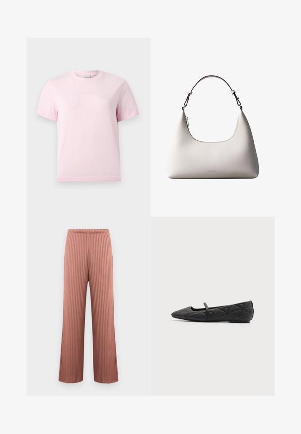 T-shirt rose clair à manches courtes et col rond avec un logo "Calvin Klein" en relief subtil centré sur la poitrine.; Pantalon en maille côtelée à jambes larges couleur rose poudré avec une taille élastique et de fines rayures verticales, présenté sur un fond uni.; Chaussure plate noire à bout pointu avec motifs géométriques matelassés et une fine bride sur le cou-de-pied sur fond uni.; Sac à bandoulière en cuir couleur crème de Calvin Klein avec bord supérieur incurvé, fermeture éclair argentée et sangle ajustable brun foncé.