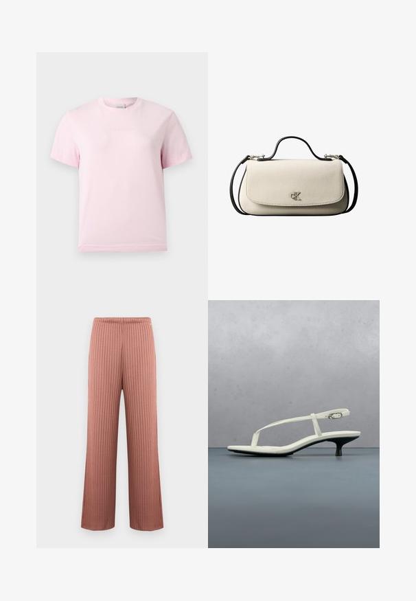 T-shirt rose clair à manches courtes et col rond avec un logo "Calvin Klein" en relief subtil centré sur la poitrine.; Pantalon en maille côtelée à jambes larges couleur rose poudré avec une taille élastique et de fines rayures verticales, présenté sur un fond uni.; Sandale blanche à talon kitten avec des lanières et un bout pointu, flottant au-dessus d'un sol en carrelage en bois en plein air avec un arrière-plan flou de plante et de mur.; Sac à main rectangulaire crème avec bandoulière et poignée noires, fermeture à rabat à l'avant, et petit logo argenté « cK » au centre devant.