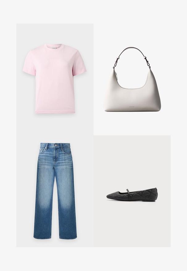 Lyserød T-shirt med korte ærmer og rund hals med et diskret præget "Calvin Klein"-logo i midten af brystet.; Blå straight-leg denimjeans med knap- og lynlåslukning, fem-lomme-design og falmet vask på lår og knæ.; Sort flad sko med spids tå, quiltede geometriske mønstre og en tynd rem over vristen på en ensfarvet baggrund.; Cremefarvet skuldertaske i læder fra Calvin Klein med buet topkant, sølvfarvet lynlås og mørkebrun justerbar rem.