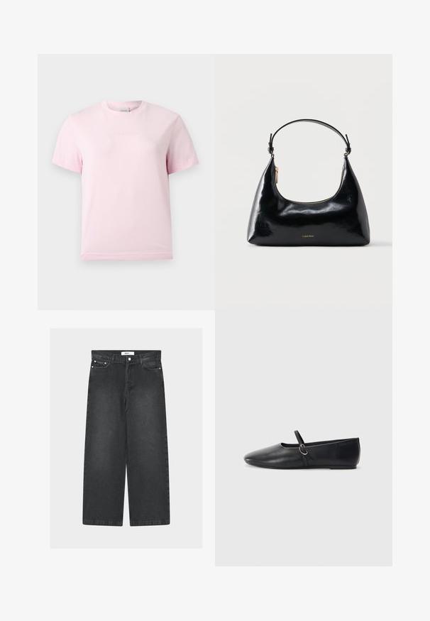 Lichtroze T-shirt met korte mouwen en ronde hals, voorzien van een subtiel reliëf "Calvin Klein"-logo in het midden van de borst.; Zwarte denim wijde broek met hoge taille, voorzakken en een knoopsluiting. Voorzien van een taillekoord en een gladde textuur.; Zwarte leren balletschoenen met een spitse neus, platte zool en een kleine strap met een zilveren gespsluiting.; Zwarte glanzende Calvin Klein handtas met gouden rits en korte band tegen een effen witte achtergrond.