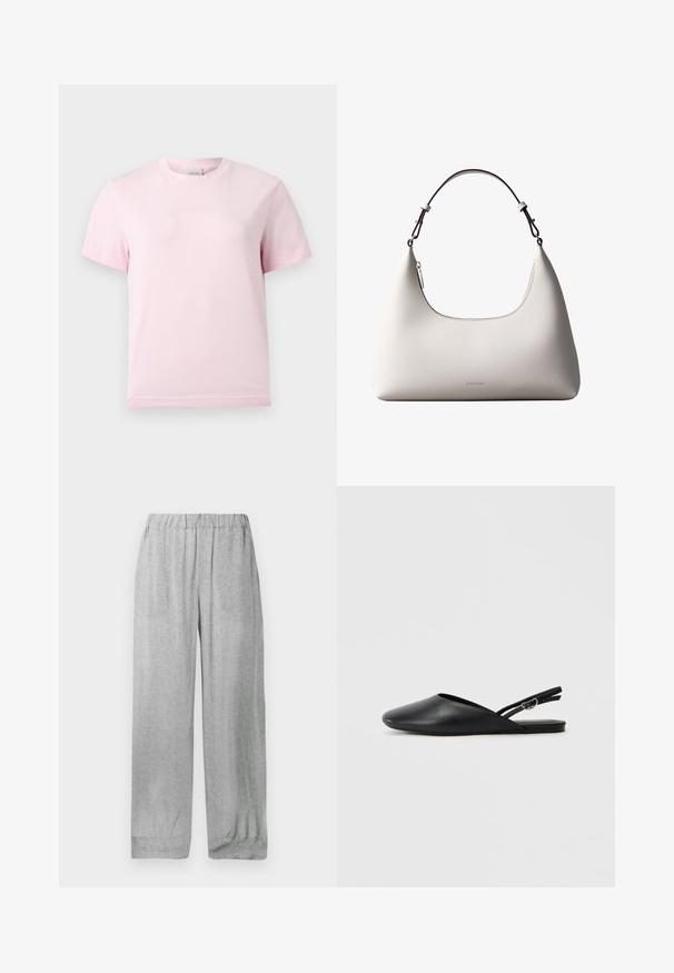 Lyserød T-shirt med korte ærmer og rund hals med et diskret præget "Calvin Klein"-logo i midten af brystet.; Lysegrå bukser med elastik i taljen og et subtilt hvidt blomsterprint over det hele, lige og løs pasform med opbukket kant.; Sorte læderslippers med spids tå, buet design og justerbar spænde. Glat tekstur, flad sål, minimalistisk detaljering.; Cremefarvet skuldertaske i læder fra Calvin Klein med buet topkant, sølvfarvet lynlås og mørkebrun justerbar rem.