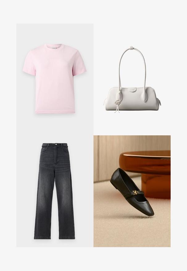 Lichtroze T-shirt met korte mouwen en ronde hals, voorzien van een subtiel reliëf "Calvin Klein"-logo in het midden van de borst.; Zwarte spijkerbroek met wijde pijpen en hoge taille, met een knoopsluiting, vijf zakken en subtiele vervaging langs de benen.; Zwarte leren platte schoen met puntige neus en gouden CK-logo op het bandje, geplaatst op een beige tapijt bij een ronde amberbruine tafel.; Witte Calvin Klein schoudertas met lange hengsels, rechthoekige vorm, ritssluiting en decoratieve logohanger bij het hengsel.