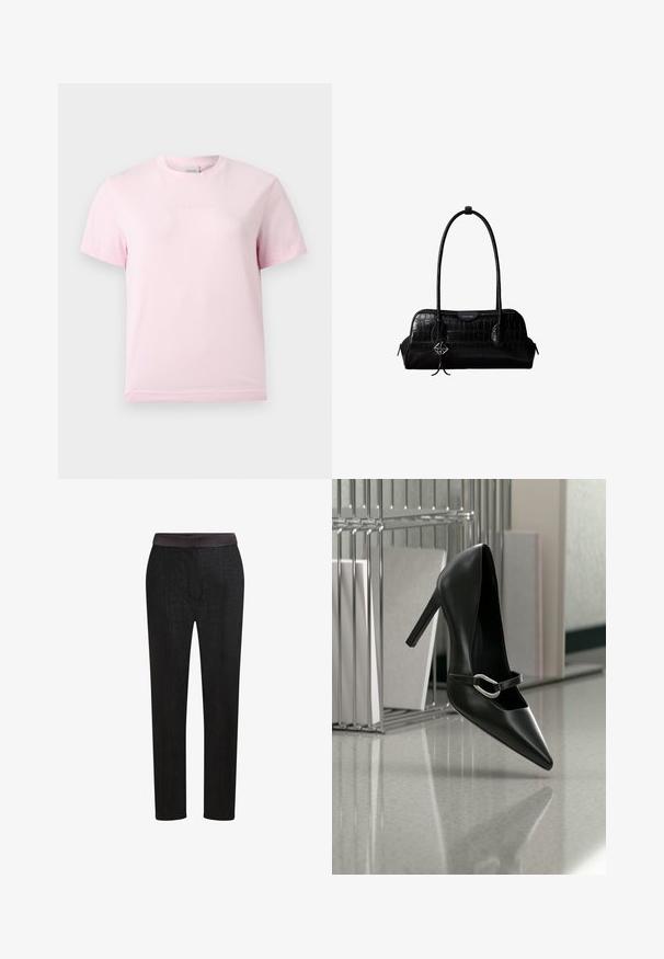 Hellrosa Kurzarm-T-Shirt mit Rundhalsausschnitt und dezentem, erhabenem "Calvin Klein"-Logo in der Mitte der Brust.; Schwarze, maßgeschneiderte Hosen mit einem glatten Bund, geradem Schnitt und subtilen Strukturmuster. Geeignet für formelle oder legere Anlässe.; Schwarzer, spitzer High-Heel-Schuh mit silberner Schnalle, auf einer reflektierenden Oberfläche nahe einem Metall-Datei-Organizer mit Papieren platziert.; Schwarze Umhängetasche aus krokodilstrukturiertem Leder mit langen Riemen und einem kleinen silbernen Logocharm an einem Riemen.