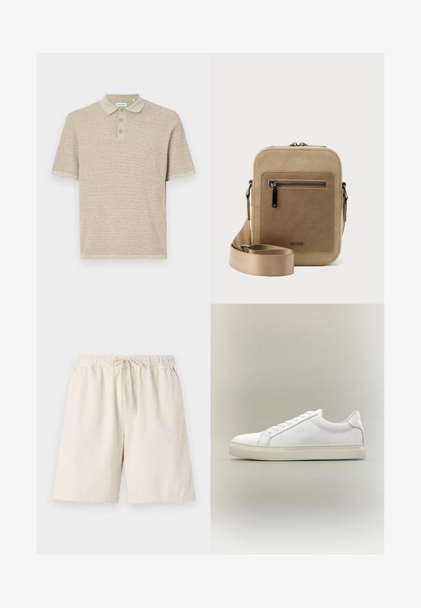 Polo shirt beige, manches courtes, en tissu tricoté texturé, patte de boutonnage à trois boutons, col classique, motif subtil, coupe décontractée.; Shorts côtelés beige clair avec une taille élastique et un cordon de serrage. Comprend des poches latérales et une coupe décontractée. Matière en mélange de coton.; Baskets blanches basses à lacets sur l’avant et semelle épaisse, vues de côté sur un fond neutre.; Petit sac bandoulière beige avec poche avant zippée, logo métallique ALDO, sangle large ajustable et forme rectangulaire arrondie sur fond blanc.