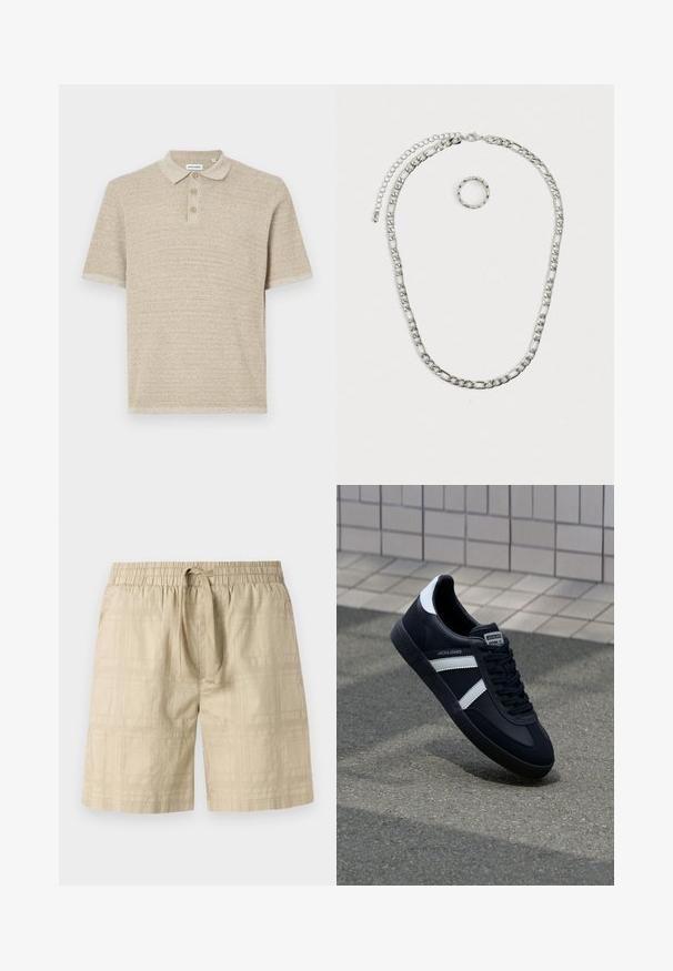 Polo shirt beige, manches courtes, en tissu tricoté texturé, patte de boutonnage à trois boutons, col classique, motif subtil, coupe décontractée.; Shorts beiges en tissu léger avec taille élastique et cordon de serrage, arborant un motif de grille subtil et une coupe droite.; Sneaker en cuir noir avec des rayures blanches, semelle en caoutchouc texturée et devant à lacets. Présente une étiquette de marque sur la languette.; Ensemble de bijoux en argent massif comprenant un collier à chaîne épaisse avec un fermoir à homard et une bague texturée assortie. Les deux pièces sont brillantes et métalliques.