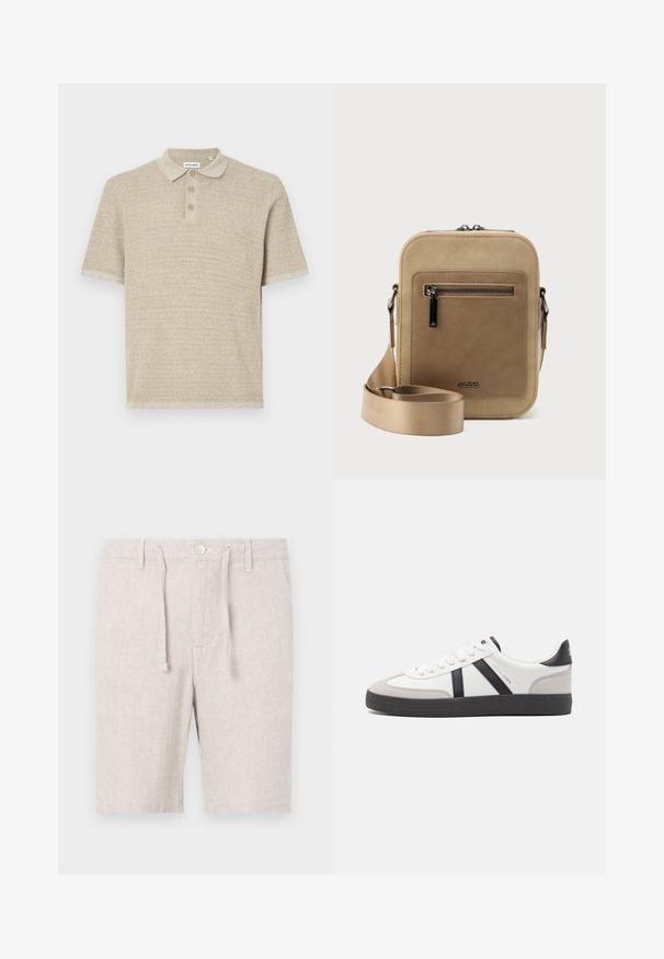 Beige polo skjorte, korte ærmer, tekstureret strikstof, tre-knaps lukning, klassisk krave, subtilt mønster, afslappet pasform.; Lys grå shorts lavet af tekstureret stof med et fiskebensmønster. Har en elastisk talje, snor og sidelommer.; Hvide sneakers med sorte og grå detaljer, med en tekstureret grå tåhætte, sort gummisål og flade hvide snørebånd. Rent design, minimalistisk stil.; Lille beige crossbody-taske med lynlåslomme foran, metal ALDO-logo, justerbar bred rem og rundet rektangulær form på hvid baggrund.