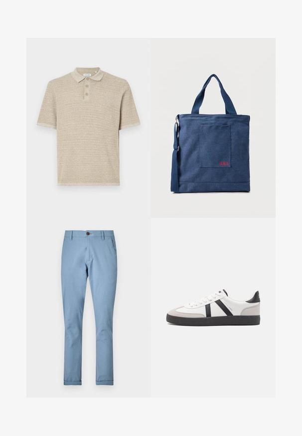 Polo shirt beige, manches courtes, en tissu tricoté texturé, patte de boutonnage à trois boutons, col classique, motif subtil, coupe décontractée.; Pantalon bleu clair en tissu tissé, avec une fermeture à bouton et des poches standard, doté d'une coupe fuselée et de bas de pantalon revers.; Baskets blanches avec des accents noirs et gris, présentant un embout texturé gris, une semelle en caoutchouc noir et des lacets plats blancs. Design épuré, style minimaliste.; Sac fourre-tout en toile bleue avec poche frontale et broderie rouge "O.N.S", doté de doubles poignées et d'une bandoulière réglable.