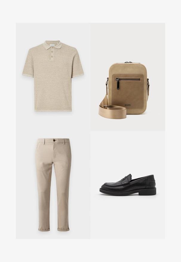 Polo shirt beige, manches courtes, en tissu tricoté texturé, patte de boutonnage à trois boutons, col classique, motif subtil, coupe décontractée.; Jack & Jones JPSTMARCO FURY NOOS - Chino - atmosphere; Mocassins en cuir noir avec un bout arrondi, des coutures ton sur ton et un détail de sangle à l'avant. Semelle en caoutchouc avec un petit talon.; Petit sac bandoulière beige avec poche avant zippée, logo métallique ALDO, sangle large ajustable et forme rectangulaire arrondie sur fond blanc.