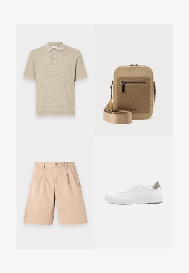 Beige polo skjorte, korte ærmer, tekstureret strikstof, tre-knaps lukning, klassisk krave, subtilt mønster, afslappet pasform.; Beige shorts lavet af bomuld, med en lige pasform, plisseret front, sidelommer og en enkelt knaplukning i taljen.; Hvid sneaker lavet af glat læder, rund tå, minimalistisk design, grå hælafsats og tekstureret gummisål.; Lille beige crossbody-taske med lynlåslomme foran, metal ALDO-logo, justerbar bred rem og rundet rektangulær form på hvid baggrund.