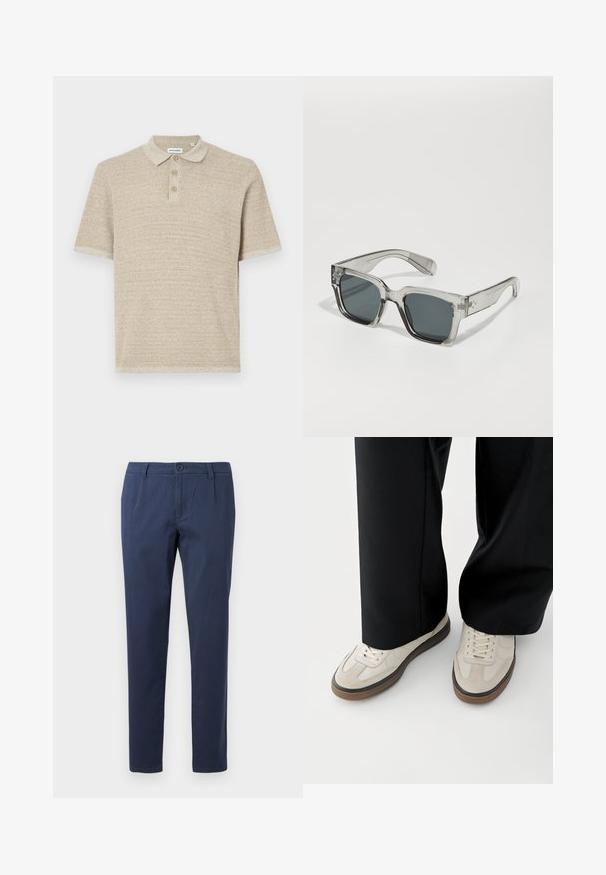 Beige polo shirt, korte mouwen, gestructureerde brei-stof, drie knopen sluiting, klassieke kraag, subtiel patroon, ontspannen pasvorm.; Marineblauwe broek van lichtgewicht stof, met een frontale knoopsluiting, twee zijzakken en een recht gesneden ontwerp.; Voeten met beige sneakers met bruine zolen en zwarte wijde broekspijpen op een witte achtergrond.; Duidelijke, oversized zonnebril met donkere lenzen, met een chunky rechthoekig montuur en getextureerde accents op de pootjes. Gemaakt van transparant plastic.