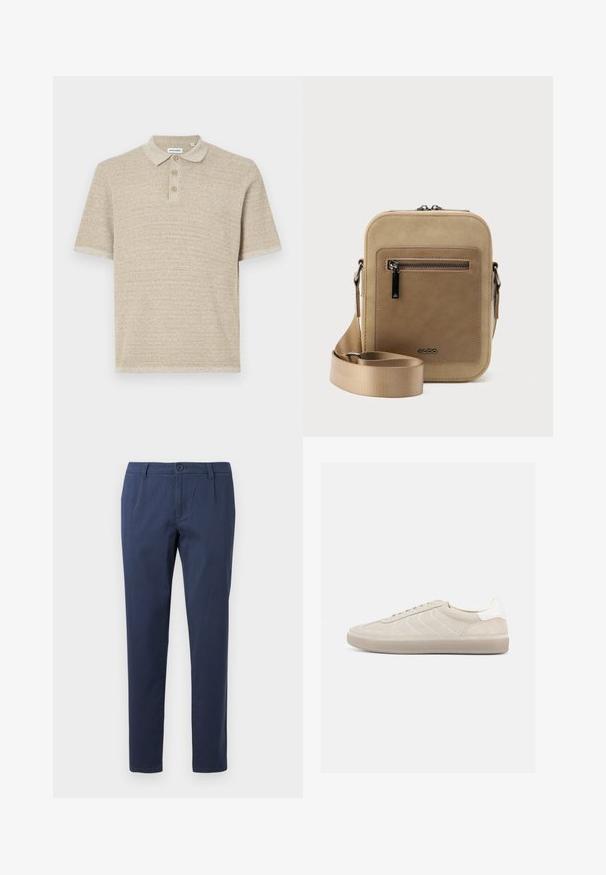 Beige Polo-Shirt, kurze Ärmel, strukturierter Strickstoff, Drei-Knopf-Leiste, klassischer Kragen, dezentes Muster, lockere Passform.; Marineblaue Hose aus leichtem Stoff, mit einem frontalen Knopfverschluss, zwei Seitentaschen und einem geraden Beinansatz.; Beiger Wildleder-Sneaker mit strukturiertem Obermaterial, glattem weißen Fersenbereich, dünnen Schnürsenkeln und Gummisohle. Verfügt über ein flaches Design.; Kleine beige Umhängetasche mit vorderer Reißverschlusstasche, metallischem ALDO-Logo, verstellbarem breitem Riemen und abgerundeter rechteckiger Form vor weißem Hintergrund.