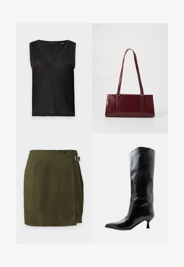 Haut noir sans manches en maille avec col en V et bordure délicate en dentelle le long de l'encolure et des emmanchures sur fond gris clair.; Jupe portefeuille en vert olive dans un tissu léger, avec une fermeture à boucle sur le côté et un ourlet légèrement asymétrique. Texture lisse.; Botte en cuir noire brillante, haute jusqu'au genou, avec bout pointu et talon bas courbé sur un fond clair uni.; Sac à main bordeaux en matériau brillant, de forme rectangulaire, avec deux anses et des accents légèrement courbés à l'avant.