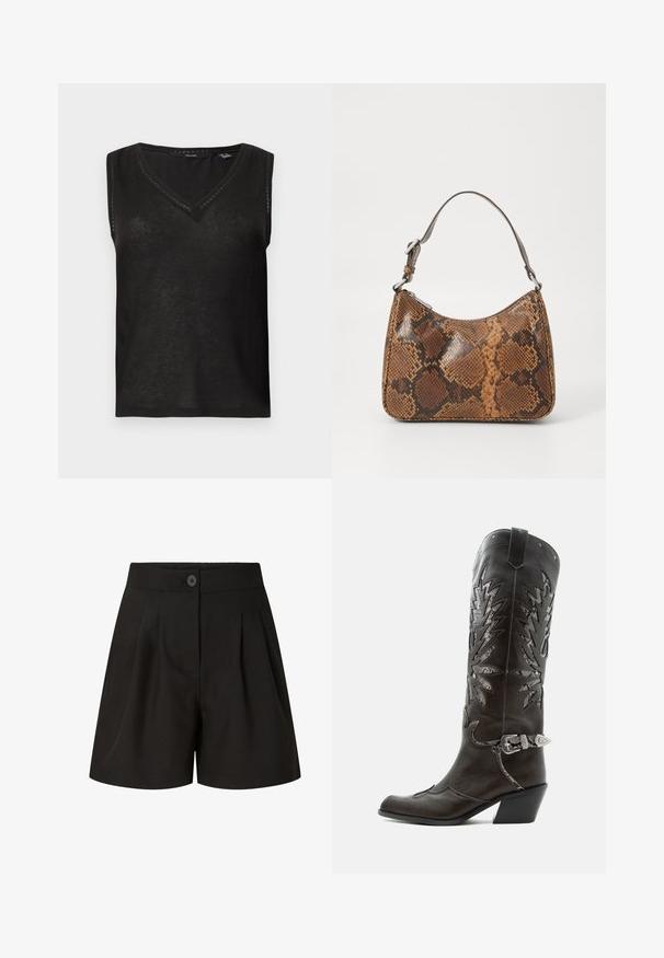 Haut noir sans manches en maille avec col en V et bordure délicate en dentelle le long de l'encolure et des emmanchures sur fond gris clair.; Shorts noirs taille haute ajustés avec plis à l'avant, fermeture par bouton et finition tissu lisse.; Botte de cowboy en cuir noir avec découpes décoratives, boucle argentée et talon incliné, présentée sur fond blanc.; Petit sac à main avec un motif en peau de serpent marron et noir, courroie courte et ajustable, et fermeture éclair.