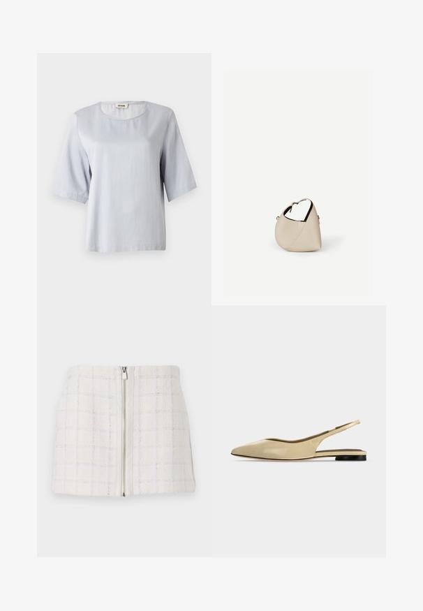 Haut gris clair à manches courtes avec un col rond, en tissu doux. Design simple avec une coupe ample, présentant des bords nets et sans ornements.; Mini jupe blanche texturée avec un motif à carreaux et des accents bleus, dotée d'une fermeture éclair à l'avant. Le tissu semble doux et légèrement structuré.; Chaussure plate beige à bout pointu avec bride arrière, petit talon noir et finition en cuir lisse, vue de côté sur un fond uni.; Sac à main en cuir beige en forme de croissant avec une seule bandoulière et des coutures minimalistes, posé sur un fond blanc uni.