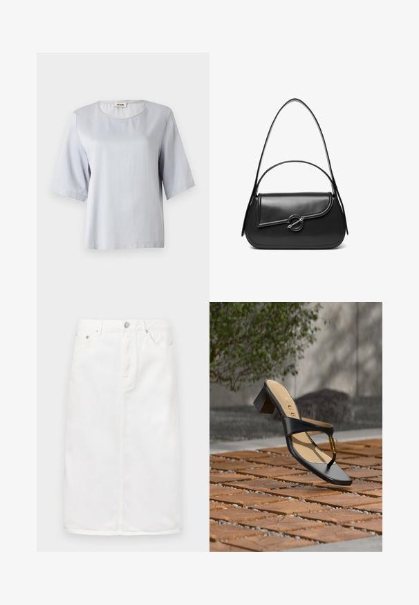 Top corto de manga corta en gris claro con un escote redondo, hecho de una tela suave. Diseño simple con un corte holgado, que presenta bordes limpios y sin adornos.; Falda de mezclilla blanca con cremallera frontal, diseño de cinco bolsillos y silueta recta con acentos de costura.; Sandalia negra de tacón con lazo para el dedo y acento dorado, colocada sobre una superficie pavimentada de madera y piedra al aire libre cerca de vegetación.; Bolso de hombro de cuero negro con una solapa curva asegurada por un broche metálico redondo y una correa delgada y ajustable.