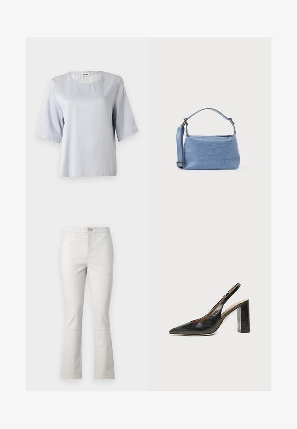 Haut gris clair à manches courtes avec un col rond, en tissu doux. Design simple avec une coupe ample, présentant des bords nets et sans ornements.; Pantalons évasés gris clair en mélange de coton. Comprend des poches avant, une fermeture à bouton et des détails de couture discrets le long des coutures.; Chaussure slingback en cuir noir à bout pointu avec un talon bloc haut et une doublure intérieure beige sur un fond clair uni.; Sac à main bleu clair embossé façon crocodile avec une poignée courte et une bandoulière amovible. Texture lisse avec une fermeture éclair.