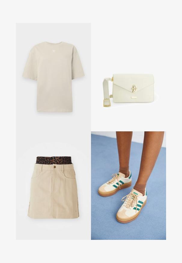 Beige kurzärmeliges T-Shirt aus Baumwolle mit Rundhalsausschnitt und kleinem weißen Adidas-Logo auf der Brust. Weiche Textur, lässige Passform.; Beige Jeansrock mit einem elastischen Bund im braunen Leopardenmuster, vorderen Taschen und geradem Schnitt, der sichtbare Nähte aufweist.; Beige Sneakers mit dunkelgrünen Streifen, Gummisohle, Obermaterial aus Wildleder und Textil sowie neutralen Hardwareteilen, kombiniert mit braunen Socken auf einer hellblauen Oberfläche.; VENEZIA Umhängetasche - white