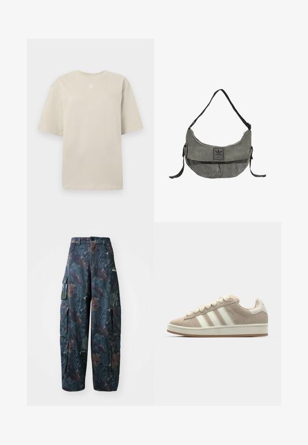Beige T-shirt met korte mouwen van katoen, met een ronde hals en een klein wit Adidas-logo op de borst gedrukt. Zachte textuur, ontspannen pasvorm.; Camo cargobroek in donkergroen en bruin, met meerdere zakken en een losse pasvorm, gemaakt van lichtgewicht, duurzaam materiaal.; Tan suède sneaker met witte leren strepen en veters, rubberen zool, gewatteerde kraag en tekstuurdetails aan de bovenkant.; Grijze Adidas schoudertas van stof met zwarte verstelbare riem en een voorflap met Adidas-logo.