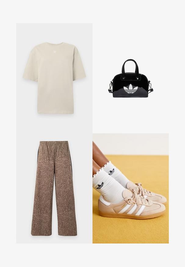 Beigenvärinen lyhythihainen T-paita, valmistettu puuvillasta, jossa pyöreä kaula-aukko ja pieni valkoinen Adidas-logo painettuna rintaan. Pehmeä tuntuma, rento istuvuus.; Ruskeat leveälahkeiset housut, joissa on beige eläinkuviollinen kuvio, joustava vyötärönauha ja kontrastiset mustat sivuraidat. Pehmeä kangaspinta.; Beige nahkarenkaita, joissa on valkoiset raidat ja kultainen brändäys, yhdistetty valkoisten läppäripsien kanssa, joissa on musta logo. Teksturoidut kumipohjat.; Musta lakattu nahkalaukku pyöreällä muodolla, kaksinkertaisilla pääkäsittelyillä, hopeisilla yksityiskohdilla ja näkyvällä valkoisella logolla edessä.