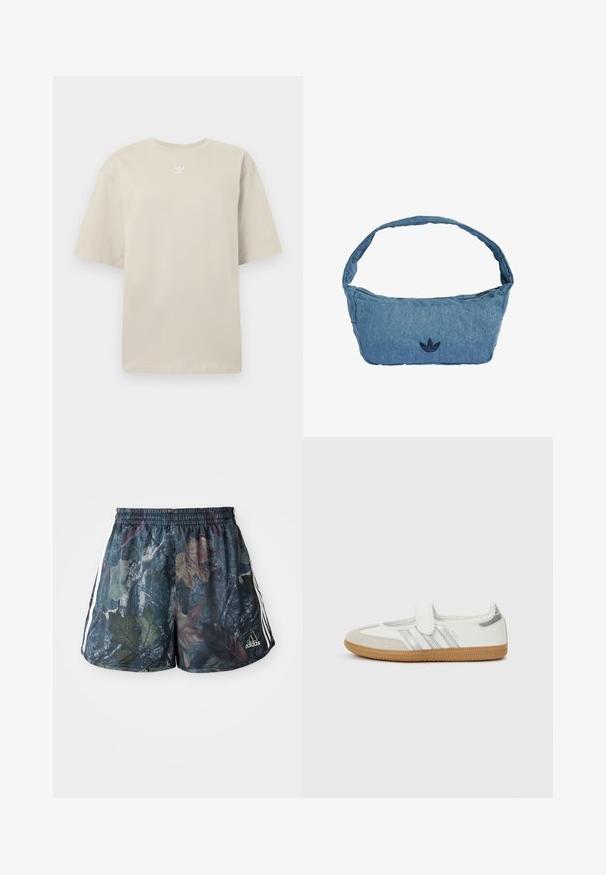 Beige T-shirt med korte ærmer lavet af bomuld, med rund hals og lille hvidt Adidas-logo trykt på brystet. Blød tekstur, løs pasform.; Herre shorts med et flerfarvet bladmønster på en mørk baggrund, med elastisk talje og sidelister i hvid.; Hvid sneaker med sølvstriber, ruskindsspids og velcrolukning. Sål af tekstureret gummimateriale. Minimalistisk design med glat finish.; Skuldertaske i lyseblå denim med et broderet mørkeblå logo. Har en bred, blød rem og en lynlåslukning øverst.