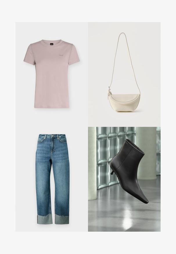 T-shirt en coton mauve clair à manches courtes et col rond avec un petit logo brodé "BOSS" sur la poitrine gauche.; Jean en denim bleu clair avec une coupe ample et droite. Caractérisé par un ourlet effiloché et un détail de revers contrastant. Conception à cinq poches avec fermeture par bouton.; Bottine en cuir noir avec bout pointu et petit talon, présentée devant un mur en blocs de verre et un sol poli.; Petit sac bandoulière en cuir crème avec rabat incurvé et longue lanière fine suspendu sur un fond uni.