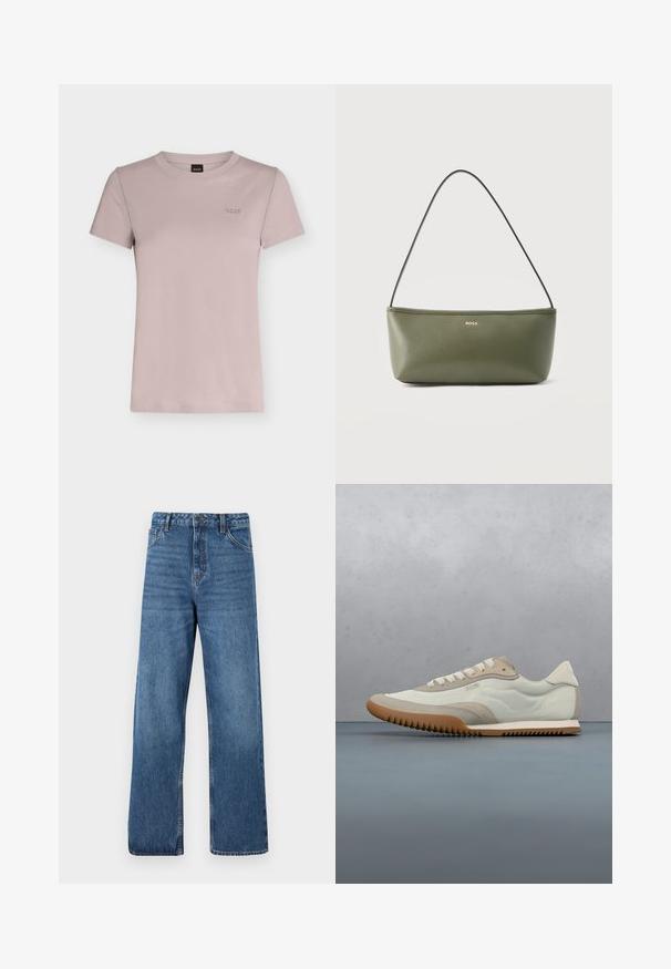 T-shirt en coton mauve clair à manches courtes et col rond avec un petit logo brodé "BOSS" sur la poitrine gauche.; Jean denim bleu taille haute avec une coupe large, présentant une texture lisse, des détails de couture minimaux et un style classique à cinq poches.; Sneakers blancs et beiges avec une tige lisse et des accents en daim, une semelle texturée et des coutures ton sur ton. Fermeture à lacets avec détail de logo.; Petit sac à bandoulière rectangulaire en cuir vert olive avec une fine bandoulière et un logo BOSS doré au centre devant.