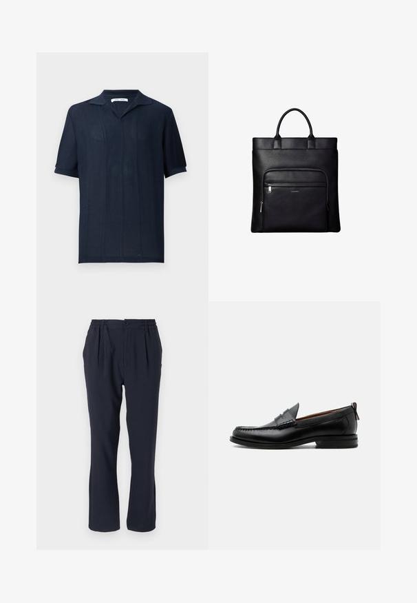 Samsøe Samsøe SATRAVIS POLO - Polo - salute; Pantalons bleu marine en tissu doux avec une taille élastique, présentant des plis sur le devant et un design à jambes droites.; Mocassin homme en cuir noir avec couture moc toe, bride penny, col texturé et petit talon empilé sur fond blanc.; Sac cabas en cuir noir avec anses supérieures et poche avant zippée portant un petit logo Calvin Klein sur la poche.