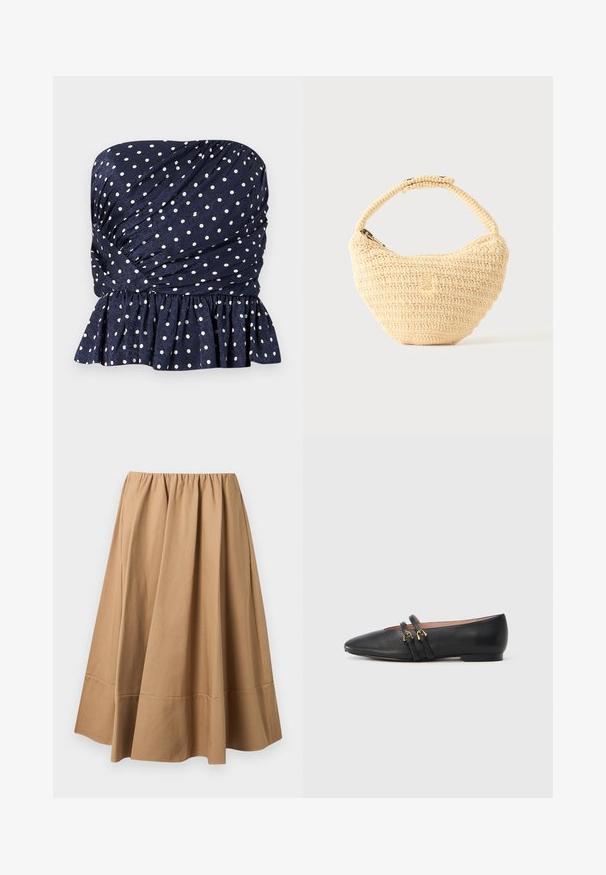Haut bustier bleu marine à pois blancs, avec tissu froncé et ourlet volanté à la taille.; Jupe midi beige taille haute avec taille froncée et large bande d'ourlet, confectionnée dans un tissu doux et fluide.; Chaussures plates en cuir noir avec un bout pointu, dotées de deux brides noires avec des accents en métal doré. Texture lisse et talon bas.; Sac à main beige tissé avec corps arrondi, fermeture éclair et une sangle courte et épaisse dans un style crochet simple et texturé.