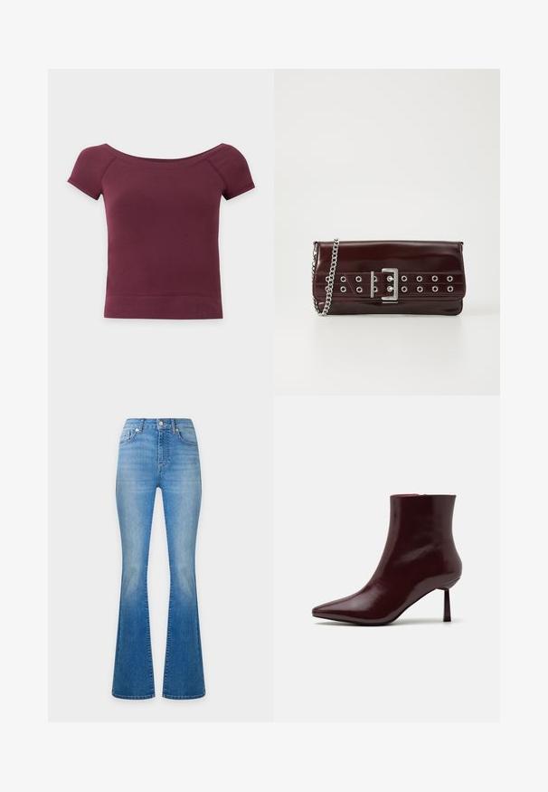 Kort topje met korte mouwen, off-shoulder, in effen donkerbordeaux stof met geribde zoom en halslijn.; Lichtblauwe high-waisted spijkerbroek met wijde pijp, voorsluiting met knoop en vijfzakkenontwerp op een effen achtergrond.; Bordeaux patentleren enkelboot met een spitse neus en een slanke stilettohak, met een gladde, glanzende textuur en een minimalistisch ontwerp.; Bordeaux faux leren clutch met een zilveren kettinghengsel, voorzien van een gespontwerp en metalen ogen over de voorkant voor extra detail.
