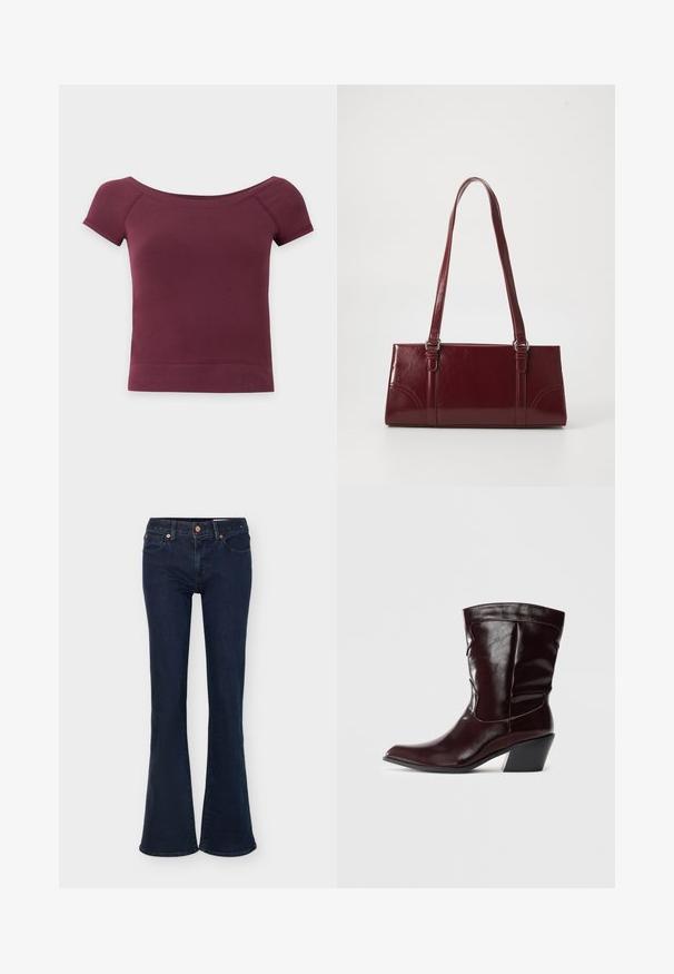 Top court à manches courtes, épaules dénudées, en tissu uni bordeaux foncé avec ourlet et encolure côtelés.; Jean en denim bleu foncé avec taille haute, fermeture par bouton et zip, poches avant et jambes évasées.; Bottines en cuir bourgogne avec un bout pointu, une surface texturée et un petit talon effilé. Présente une couture discrète et un ajustement confortable.; Sac à main bordeaux en matériau brillant, de forme rectangulaire, avec deux anses et des accents légèrement courbés à l'avant.