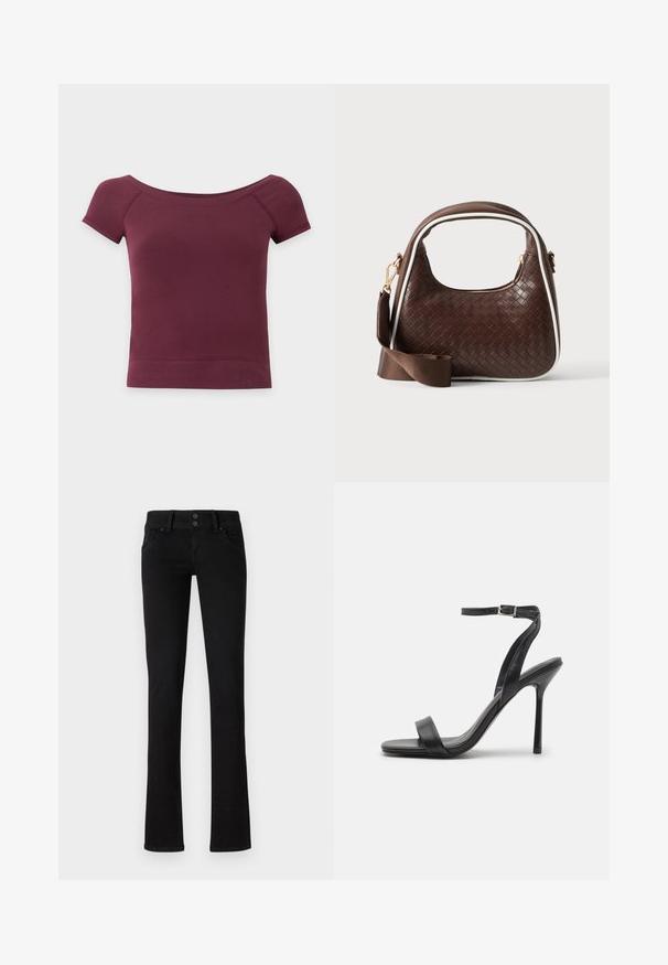 Kortærmet, off-shoulder cropped top i ensfarvet mørk bordeaux stof med ribkant og halsudskæring.; Sort slim-fit jeans med to frontlommer, bæltestropper og dobbelt knaplukning, præsenteret på en ensfarvet hvid baggrund.; Sort højhælet sandal med en slank ankelrem og to forreste bånd. Lavet af glat læder med en slank spids tå og stilettohæl.; Brun vævet læderhåndtaske med hvid piping, guldfarvet lynlås og aftagelig brun stofskulderrem.