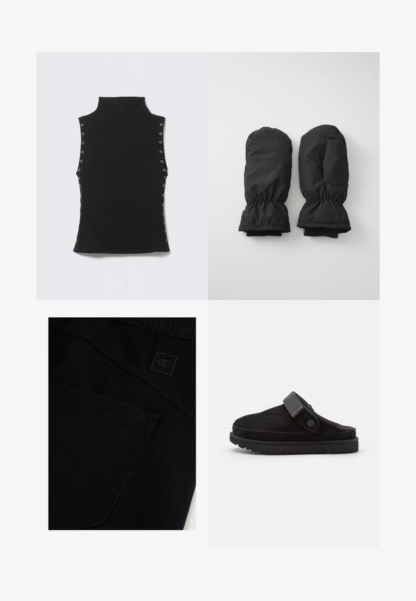 Zwart mouwloos topje met een hoge kraag en zilveren ringen langs de zijkanten, plat gelegd op een lichte achtergrond.; Zwarte sportshorts met een gladde textuur, voorzien van een achterzak en een klein, reliëf logo. Elastische tailleband voor extra comfort.; Zwarte suède instap klompen met een ronde neuzen, zachte textuur, verstelbare band en een dikke rubberen zool met een patroonprofiel voor grip.; Zwarte gewatteerde wanten met elastische manchetten, voorzien van een gladde buitenkant en een geribbelde gebreide binnenvoering voor warmte en comfort.