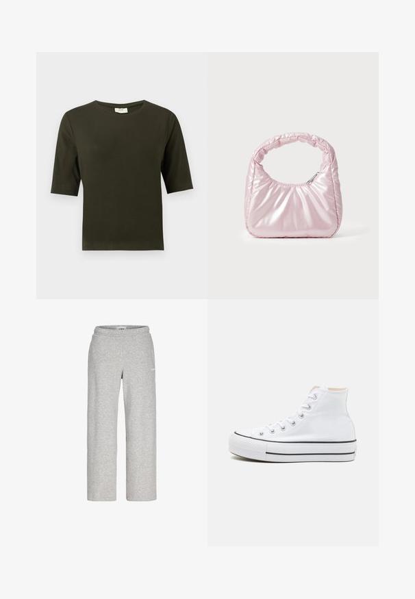 Camiseta de manga corta verde oscuro con cuello redondo, hecha de una tela suave, que presenta un diseño simple y de corte recto.; Pantalones deportivos de pierna recta de color gris claro con cintura elástica y un pequeño logo blanco en el muslo superior.; Zapatillas altas blancas de material de lienzo, con suela de goma negra y una franja negra en el mediopie. Punta circular y diseño de cordones.; Bolso de mano acolchado en color rosa con un diseño redondeado, fabricado en material brillante. Presenta un asa fruncida y un cierre de cremallera para un acceso seguro.