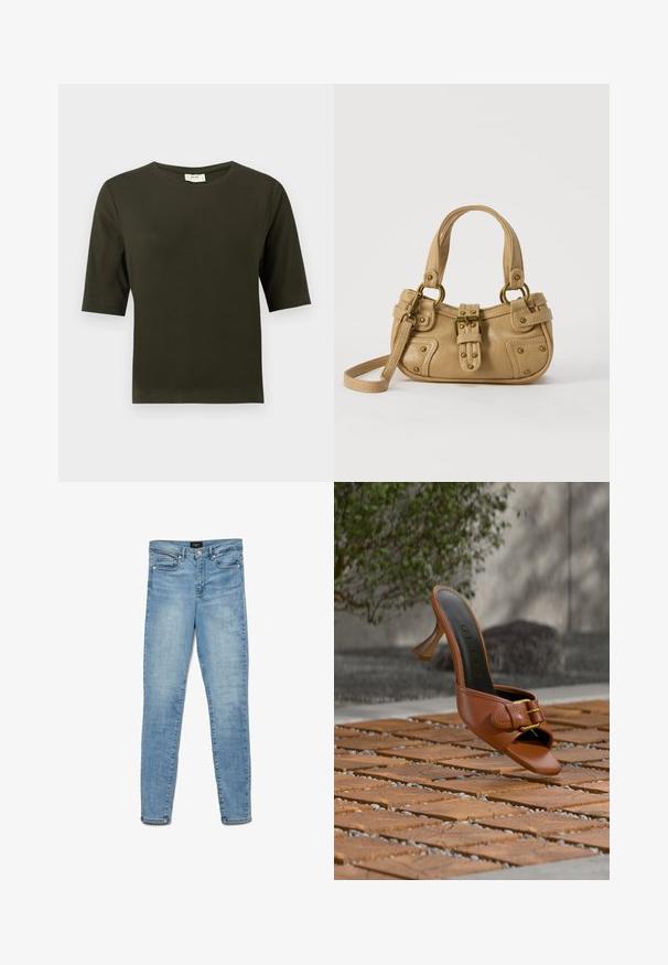 Dunkelgrünes T-Shirt mit kurzen Ärmeln und rundem Halsausschnitt, aus weichem Stoff gefertigt, mit einem schlichten und geraden Schnitt.; Helles, ausgewaschenes Skinny-Jeans in Blau mit Knopfverschluss vorne und Fünf-Taschen-Design, flach auf einem weißen Hintergrund ausgelegt.; Braune Leder-Mules mit hohem Absatz und Schnallendetail, auf der Innensohle mit „Guess“ gebrandet, auf gemusterten Holzkacheln mit Grünpflanzen und Betonwand im Hintergrund platziert.; Beige Lederhandtasche mit doppelten Griffen, Messingschnalle und Nieten, sowie verstellbarem Schultergurt vor weißem Hintergrund.