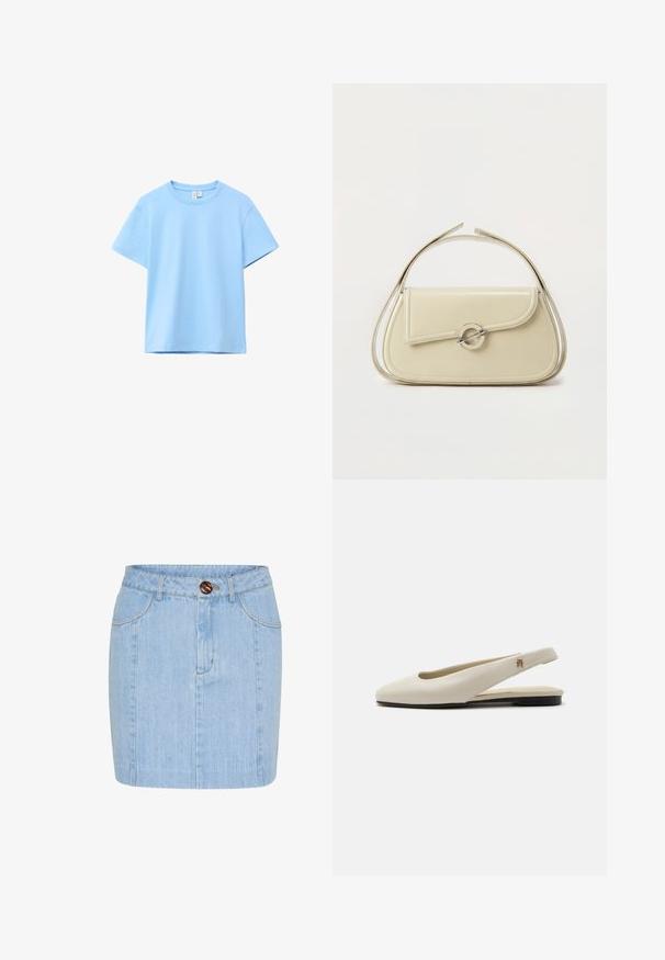 Lyseblå kortærmet bomulds T-shirt med rund halsudskæring, ensfarvet design og synlig mærkat på nakken på en hvid baggrund.; Lysblå denimnederdel med lige snit, synlige sømdetaljer og en brun knap i taljen. Længden er midt på låret.; Flatsko i cremefarvet læder med rundet tå og lille guldemblem på remmen.; Cremefarvet læderhåndtaske med buet klap, cirkulært sølvspænde og kort topstrop på en ens hvid baggrund.