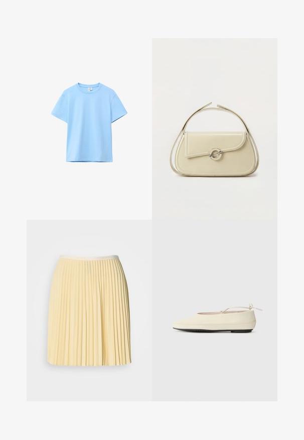 T-shirt en coton bleu clair à manches courtes, col rond, design uni et étiquette visible dans le cou sur fond blanc.; Jupe plissée jaune pâle avec une taille portant le logo Lacoste. Fabriquée en matériau léger, elle présente un design fluide et une texture douce.; Des chaussures plates de couleur crème avec un bout arrondi, une sangle à la cheville et une semelle en caoutchouc noir contrastante. Matériau lisse avec un detailing minimal.; Sac à main en cuir crème avec rabat incurvé, fermoir circulaire en argent et poignée courte sur le dessus, sur fond blanc uni.
