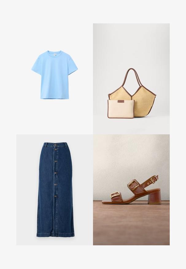 Lyseblå kortærmet bomulds T-shirt med rund halsudskæring, ensfarvet design og synlig mærkat på nakken på en hvid baggrund.; Mørkeblå denim-maxiskørt med knaplukning foran og sideslids, med en lige silhuet og syet kant.; Brun læder kilehælssandal med to brede stropper, gyldne spænder og firkantet tå. Klosålehæl giver stabilitet. Tekstureret overflade synlig.; Beige vævet taske med brune kanter og håndtag, ledsaget af en mindre beige pung med brune kanter og lynlås.