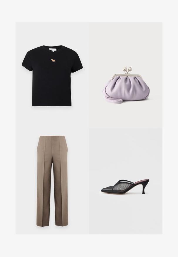 Μαύρο cropped t-shirt με κοντά μανίκια και μικρό κεντητό πορτοκαλί λογότυπο αλεπούς κεντραρισμένο κάτω από το στρογγυλό ντεκολτέ.; Μπεζ παντελόνι ψηλής μέσης με κομμένο άνοιγμα, διαθέτει δύο πιέτες μπροστά, ευθεία γραμμή και καθαρές, απλές γραμμές.; Μαύρο διχτυωτό μανικακι με αιχμηρή μύτη, λεπτές λωρίδες και τακούνι στιλέτο 3 ιντσών. Διαθέτει διάφανη υφή και σταθερή τονική σόλα.; Μαλακό πορτοφόλι χειρός σε λεβάντα με μαζεμένο ύφασμα, ασημένιο κούμπωμα τύπου kiss-lock και ταιριαστό λουράκι καρπού σε απλό ανοιχτό φόντο.